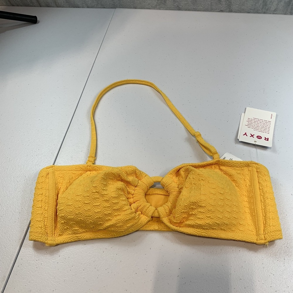 Roxy Women's Swim Bikini Top L Haleiwa Bandeau Bra Yellow Texture with Strap